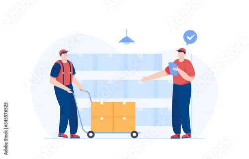 Warehouse worker checking cardboard boxes preparing goods for dispatch. Vector illustration