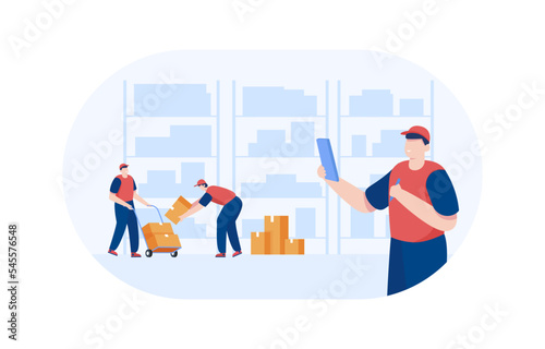 Warehouse manager checks the available stock. Employees working at warehouse.  Vector illustration