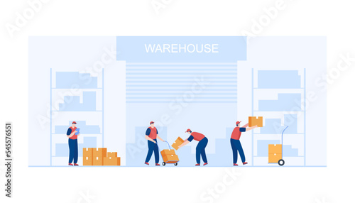 Employees working at warehouse. Vector illustration