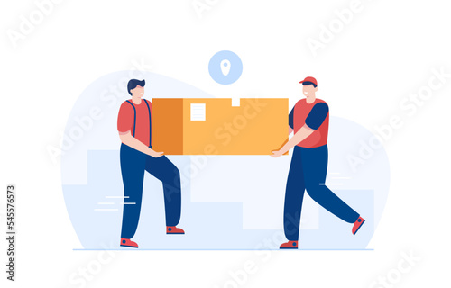 Warehouse workers moving boxes. Employee arranging boxes. Vector illustration