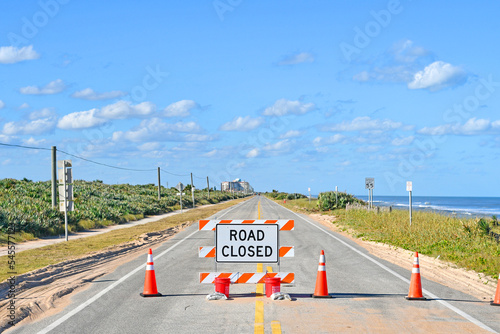 Main beachfront road A1A closed due to hurricane Nicole near the Flagler and Ormond Beach in area of Volusia County, Florida	 photo