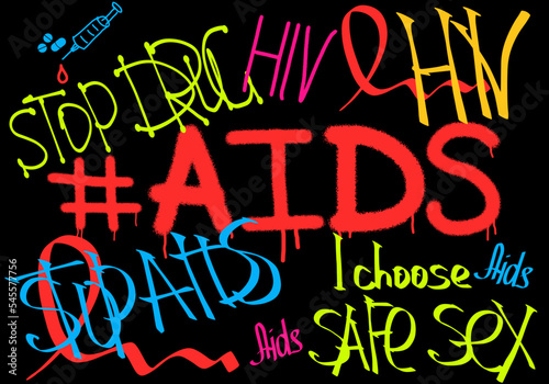 World AIDS day concept with graffiti style on black background. AIDS awareness street style banner for support HIV-positive people and solidarity with red ribbon symbol. Hand drawn vector illustration