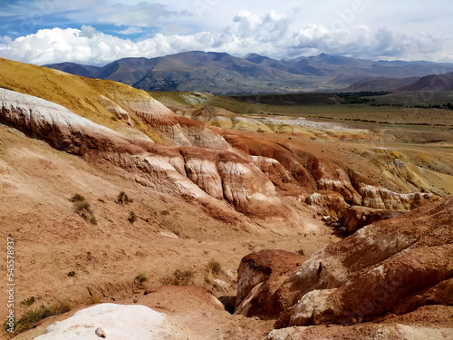 Mars in Altai Mountains Altai Republic, Russia. Nature environment background red mountains in Kyzyl-Chin valley, also called Mars 1 valley. Altai, Siberia.