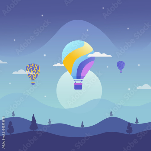 illustration landscape of a hot air balloons in night sky