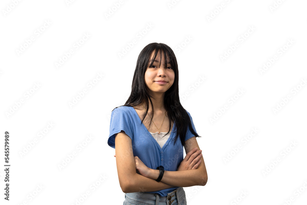 asian girl cross arms chest smiling. lifestyle beauty and fashion on white background.copy space. asian girl cross arms chest smiling. lifestyle beauty and fashion on white background.copy space.