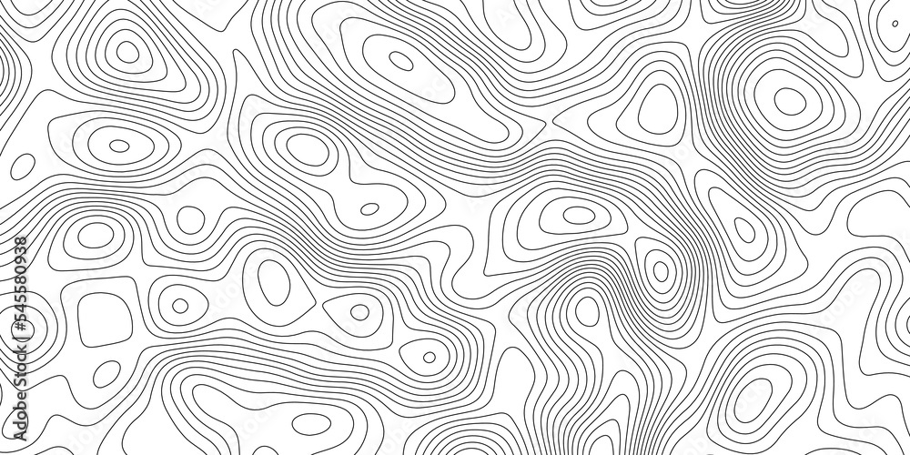 Abstract background with Topographic map lines. Black and white seamless design. Geographic mountain relief. The concept of a conditional geography scheme and the terrain path. .Topographic background