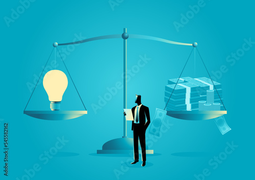 Business concept illustration of money and light bulb on a scale