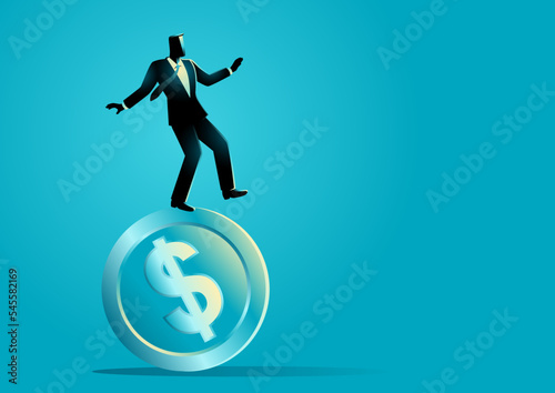Businessman balancing himself on dollar coin