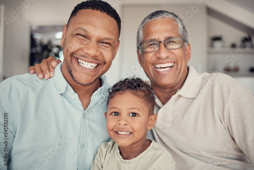 Father, grandfather and boy in family portrait at house or Brazilian home living room in trust, love and support. Smile, happy child and kid bonding with dad, parent or retirement elderly grandparent