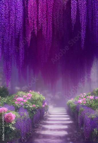 garden path overgrown with flowers and wisteria, concept art, digital illustration © Badger