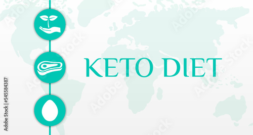 Keto Diet Background Illustration Banner with Egg, Meat and Plant Icons and World Map