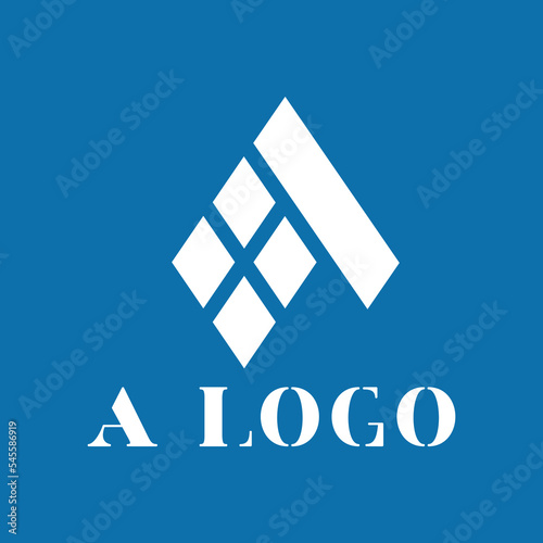 Vector logo for a construction and window company. Illustration with letter A. Window symbol. White minimalistic logo on a blue background.