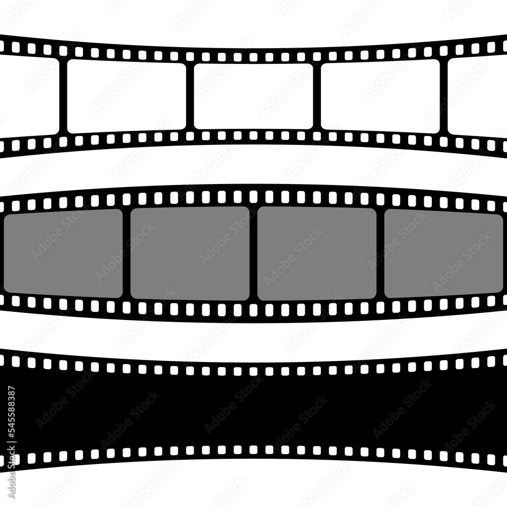 Curved film strips collection. Old retro cinema movie strip. Analog video recording equipment. Vector illustration