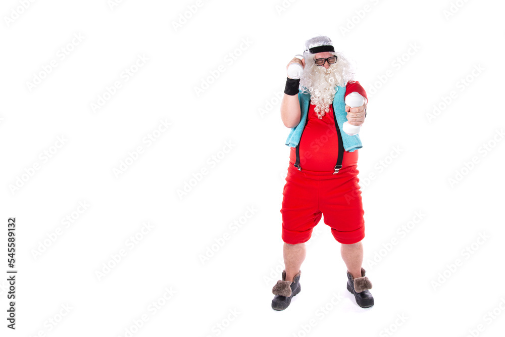 Funny Santa Claus goes in for sports. Man posing on a white background. Funny Santa Claus goes in for sports. Man posing on a white background.