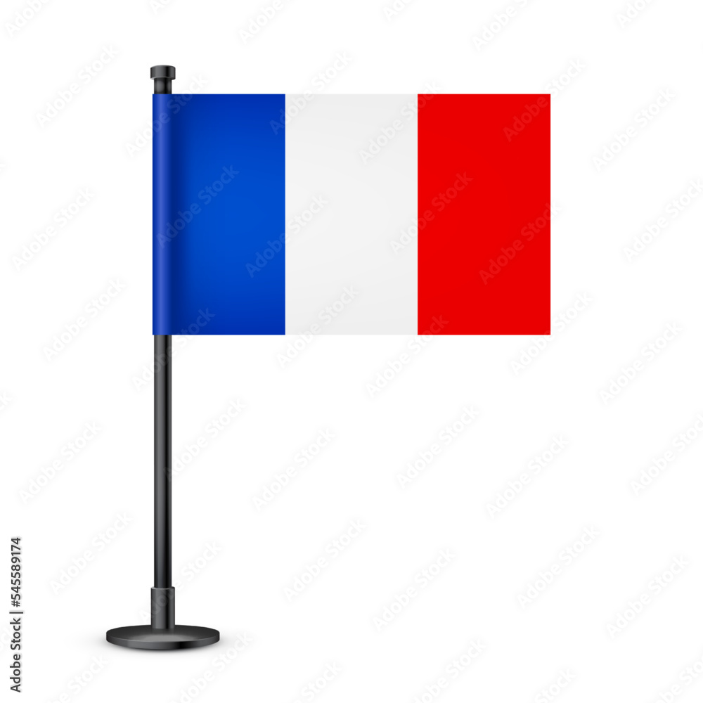 Realistic French table flag on a black steel pole. Souvenir from France. Desk flag made of paper or fabric and shiny metal stand. Mockup for promotion and advertising. Vector illustration Realistic French table flag on a black steel pole. Souvenir from France. Desk flag made of paper or fabric and shiny metal stand. Mockup for promotion and advertising. Vector illustration
