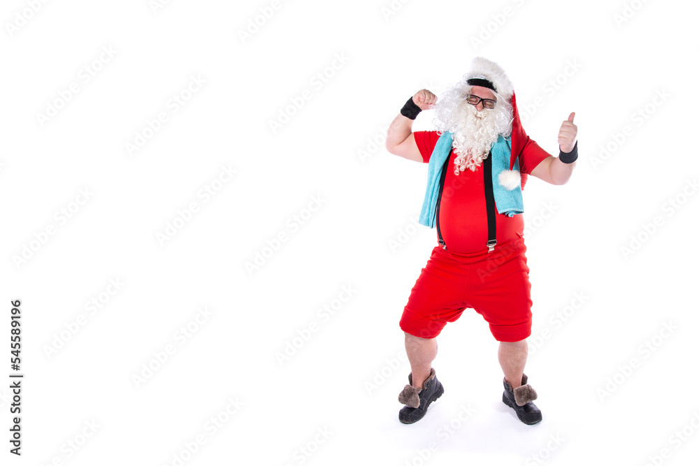 Funny Santa Claus goes in for sports. Man posing on a white background.