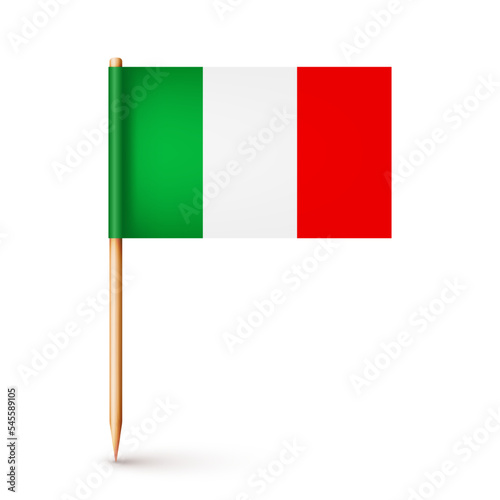 Realistic Italian toothpick flag. Souvenir from Italy. Wooden toothpick with paper flag. Location mark, map pointer. Blank mockup for advertising and promotions. Vector illustration