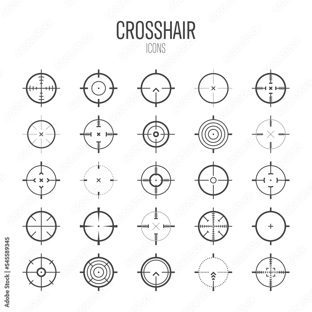 Crosshair, gun sight vector icons. Bullseye, black target or aim symbol. Military rifle scope
