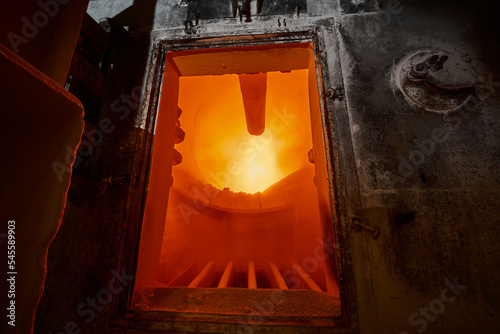 Work area of rotating lime burning kiln with burning flame