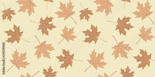 Brown maple leaves on a light beige background. Autumn endless texture with falling leaves, foliage. Vector seamless pattern for wrapping paper, packaging, wallpaper, cover, surface texture and print