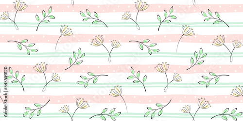 Twigs  branches with leaves and inflorescences on a soft striped background with dots. Plant and floral endless texture. Vector seamless pattern for surface texture  wrapping paper  packaging or cover