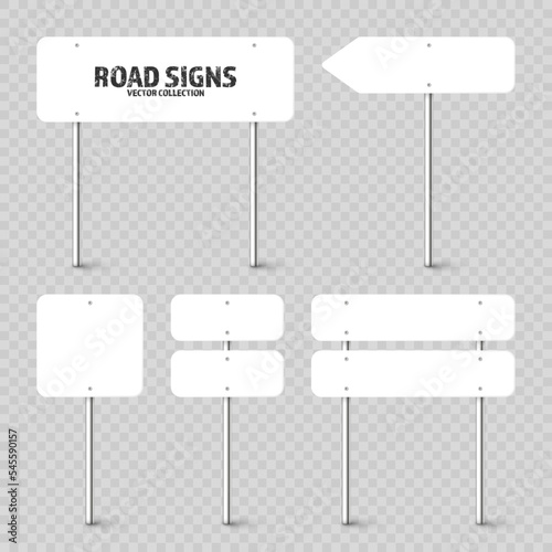Various road, traffic signs. Highway signboard on a chrome metal pole. Blank white board with place for text. Directional signage and wayfinder. Information sign mockup. Vector illustration