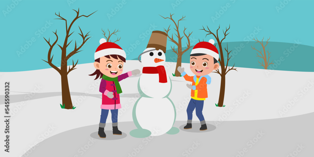 Fototapeta premium Cartoon of Cute Kids Playing in The Snow