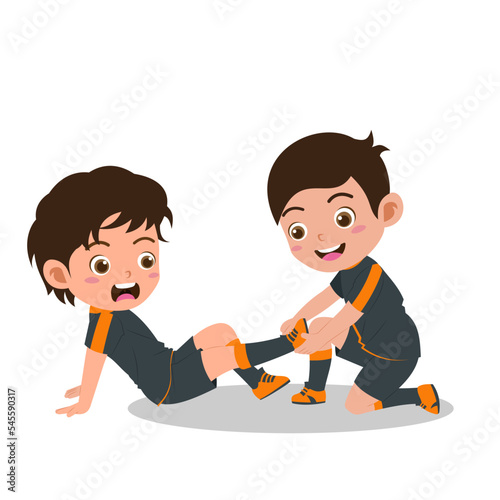 Cartoon of Cute Boy Getting Leg Pain While Playing Football