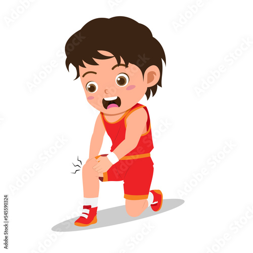 Cartoon of Cute Boy Getting Leg Pain While Playing Basketball