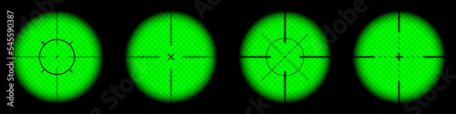Various weapon night sights, sniper rifle optical scopes. Hunting gun viewfinder with crosshair. Aim, shooting mark symbol. Military target sign, silhouette. Game UI element. Vector illustration