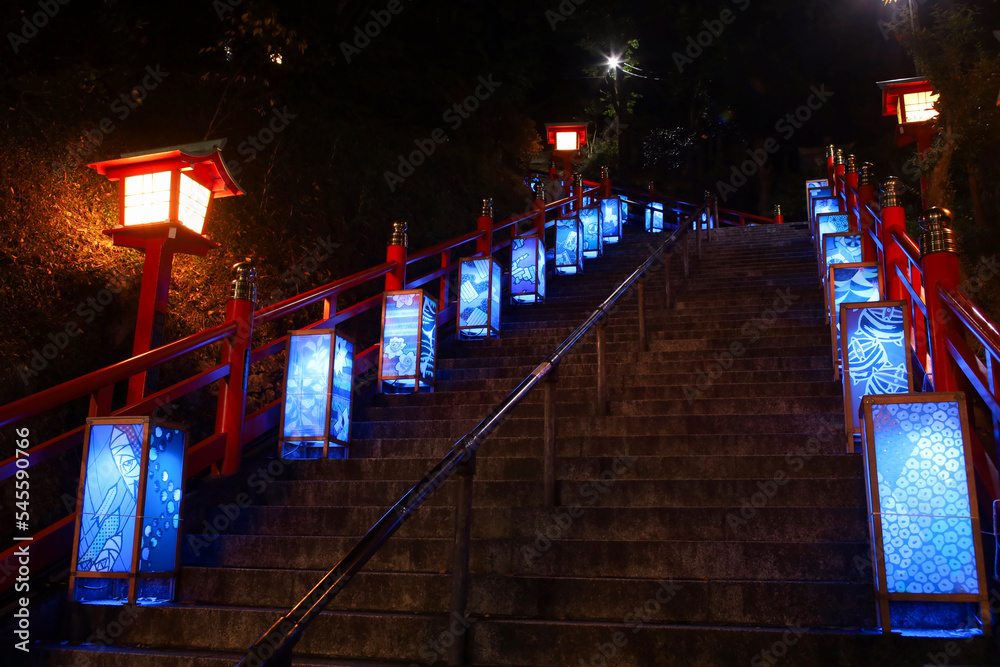 足利市　足利織姫神社の参道と行灯（日本夜景遺産）