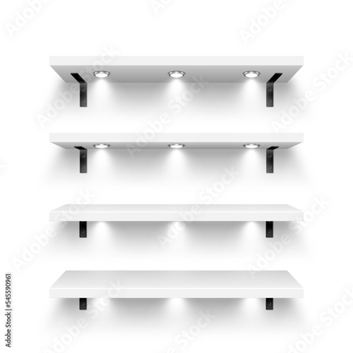 Realistic white store shelves with wall mount and lighting, spotlights. Empty product shelf, grocery wall rack. Mall and supermarket furniture, bookshelf. Modern interior design. Vector illustration
