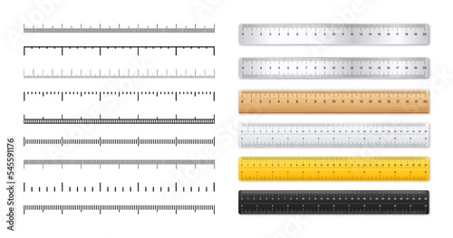 Realistic metal and plastic rulers. Measurement scales with divisions. Scale for measuring length or height in centimeters, inches. Ruler, tape measure marks, size indicators. Vector illustration