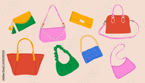 Set of various colorful female bags. Womens handbag, cross body, tote, shopper, hobo, clutch, wallet, purse. Fashionable leather accessories. Hand drawn trendy Vector illustration. Isolated elements