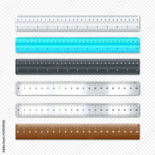 Realistic various metal and plastic rulers with measurement scale and divisions, measure marks. School ruler, centimeter and inch scale for length measuring. Office supplies. Vector illustration