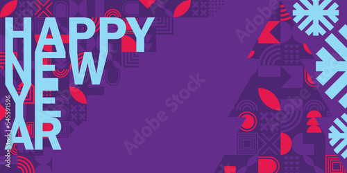 Merry Christmas and Happy New Year horizontal banner. Trendy modern Xmas design with bright elements, Christmas tree, snowflake. Horizontal poster, greeting card, sale banner for website