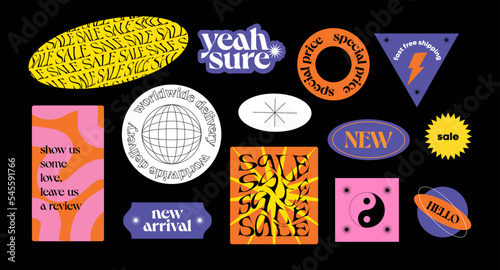 Set of Shopping Stickers Retro Design. Cute Sale label badges. Trendy Free Shipping, New Look, Big Sale, Best Price Banners Pack. Vector Illustration.