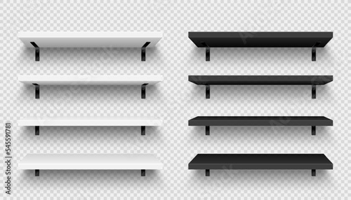 Realistic store shelves with wall mount. Empty product shelf, grocery wall rack. Mall and supermarket furniture, bookshelf. Modern interior design element, room decoration. Vector illustration