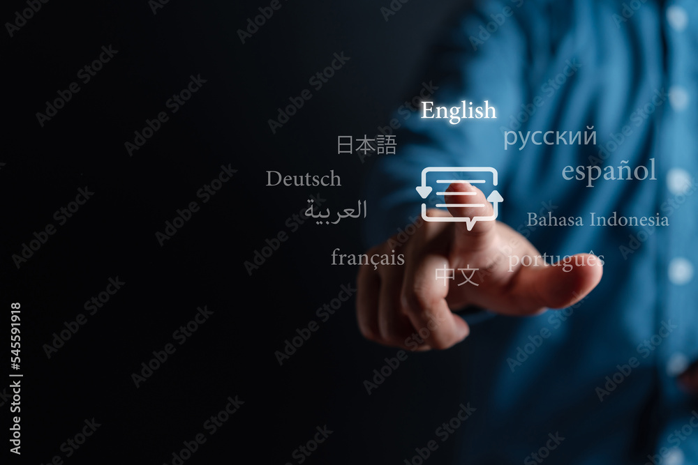 Businessman touching to virtual translation or translate on the mobile app worldwide language conversation speaking concept. Businessman touching to virtual translation or translate on the mobile app worldwide language conversation speaking concept.