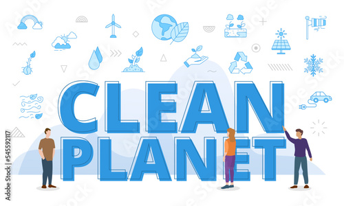 clean planet concept with big words and people surrounded by related icon spreading with modern blue color style
