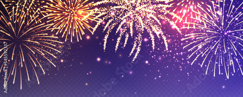 Realistic festive fireworks with transparency effect. Colorful explosion with bright sparks. Christmas or New Year greeting card design element. Diwali festival of lights. Vector illustration