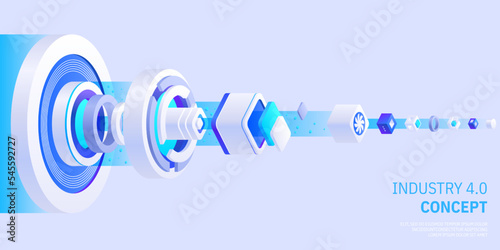 Industry 4.0 concept infographic. Abstract vector technology background with various innovation elements. Web page banner template. Cloud computing, physical systems, IOT, cognitive computing industry