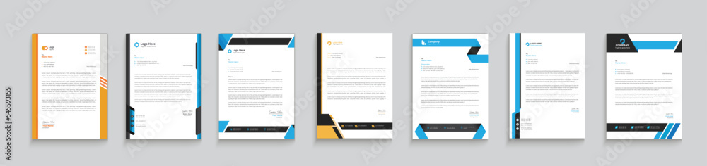 corporate letterhead design template bundle, minimalistic business  letterhead template, company stationery design, yellow & blue color letterhead, professional letterhead flyer, a4 letterhead design