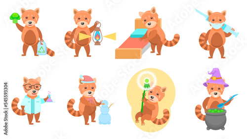 Fototapeta Naklejka Na Ścianę i Meble -  Big Set Abstract Collection Flat Cartoon Different Animal Red Pandas Vector Design Style Elements Fauna Wild