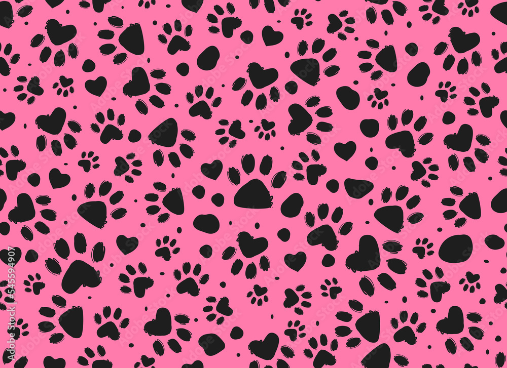 Animal paw print seamless pink and black pattern. Dalmatian Spots.Vector hand-drawn background. Animal paw print seamless pink and black pattern. Dalmatian Spots.Vector hand-drawn background.