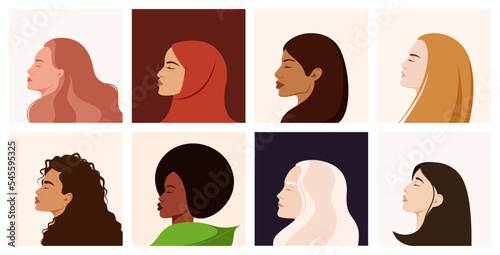 A set of portraits of women of different nationalities and cultures. Profile.
