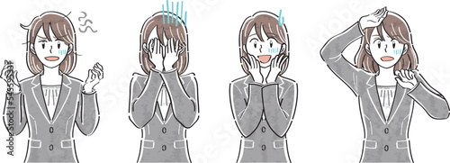 ビジネススーツの女性　表情ポーズの上半身イラストセット（イライラ　がっかり　困る　ショック）