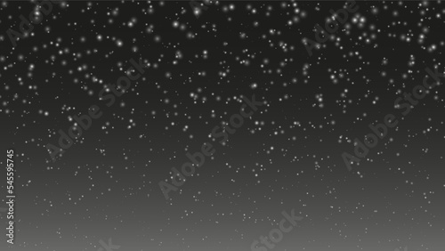 Different realistic falling snow or snowflakes. Falling snow isolated on black background. Winter snowfall illustration. Bokeh lights on black background, flying snowflakes in the air. Snow at night.