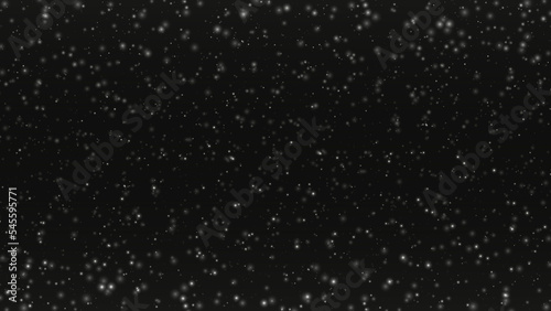 Different realistic falling snow or snowflakes. Falling snow isolated on black background. Winter snowfall illustration. Bokeh lights on black background, flying snowflakes in the air. Snow at night.