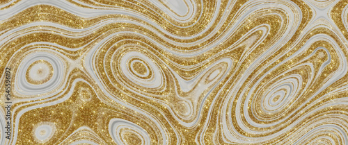 Golden Luxury Background. Colorful Liquid Texture with Gold Glitter. Beautiful Marble Ties Design. Modern Drawing with The Divorces and Wavy Lines in Gray Tones. Gold Metallic Surface.